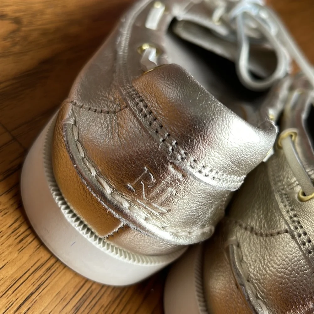 Vintage Lauren Ralph Lauren Yarina Metallic Leather Boat Shoe Gold Women sz 7 B - Picture 5 of 7